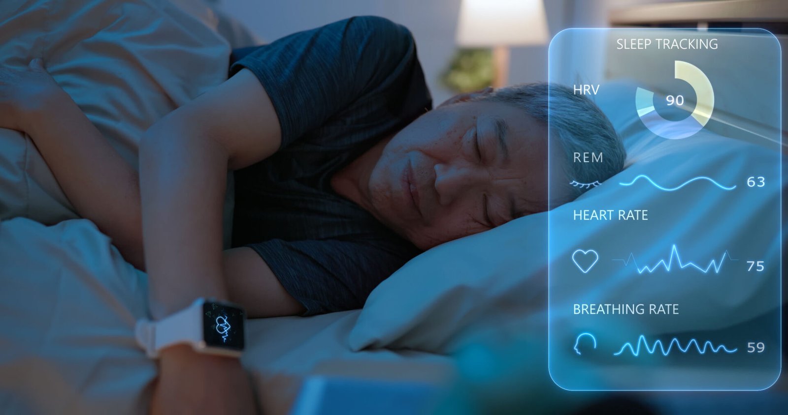 Man sleeping with wearable sleep tracking device.