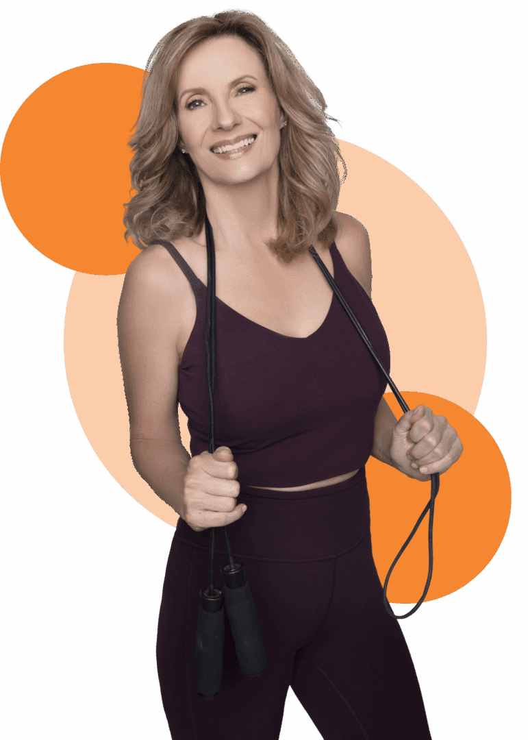 Smiling woman with jump rope and circles.