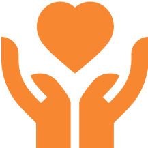 Hands holding a heart icon, orange.